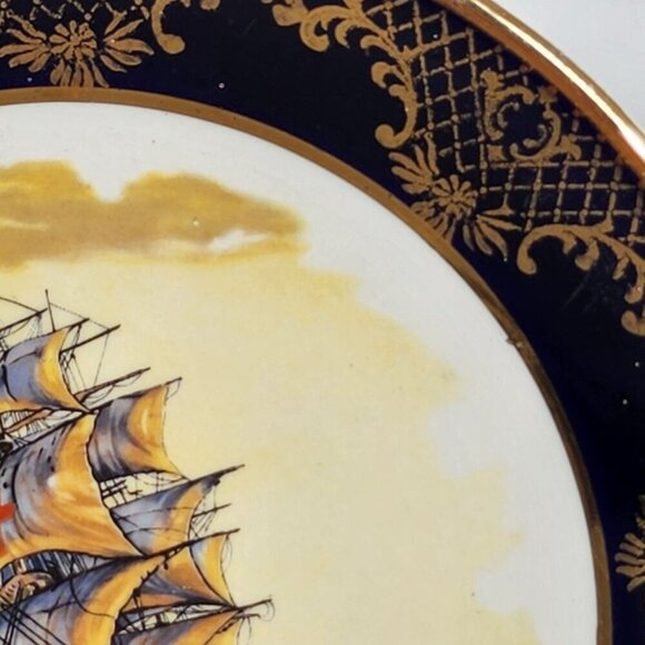 Vintage Cobalt Blue Ceramic Collector Plate With Ship Scene and Gold Accents - Picture 4 of 12